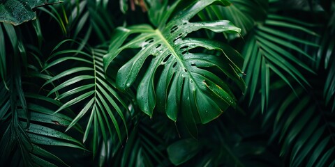 Macro perspective of lush foliage and palm trees as a backdrop, minimalistic tropical nature scene.