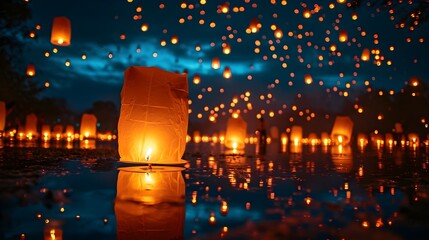 view of the city, Sky Ablaze with Countless Floating Lanterns estive, night sky cultural
