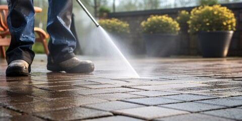 A thorough terrace cleaning using a powerful water pressure washer to remove grime from paving stones. - obrazy, fototapety, plakaty