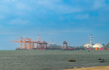 Container terminals and ships at sea