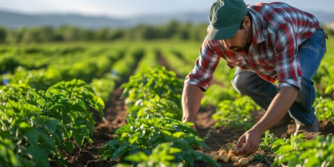 Agriculturist examining tuber harvest in farm. - obrazy, fototapety, plakaty