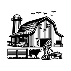 Black and White Illustration of a farm with  barn, farmer,daili life vector design