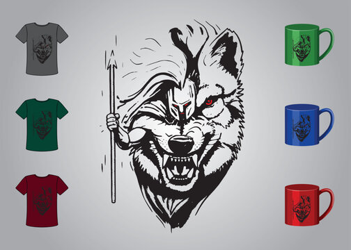 spartan warrior in action with wild wolf logo theme for t-shirt design and multipurpose use in high definition format