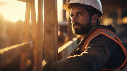A contemplative builder in a hard hat is captured in a moment of reflection, looking over a construction site as the day ends.