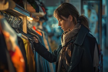 A thoughtful young woman carefully selecting from an assortment of second-hand clothing in a well-lit thrift store environment.. - obrazy, fototapety, plakaty