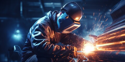 Industrial 4.0 Digital Visualization Idea: Heavy Industry Welder Operating Welding Within Tube. Building of NLG Natural Gas and Fuels Transportation Pipeline.  - obrazy, fototapety, plakaty