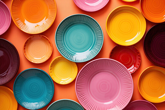 A captivating composition of colorful plates stacked on top of each other in a creative flat lay design