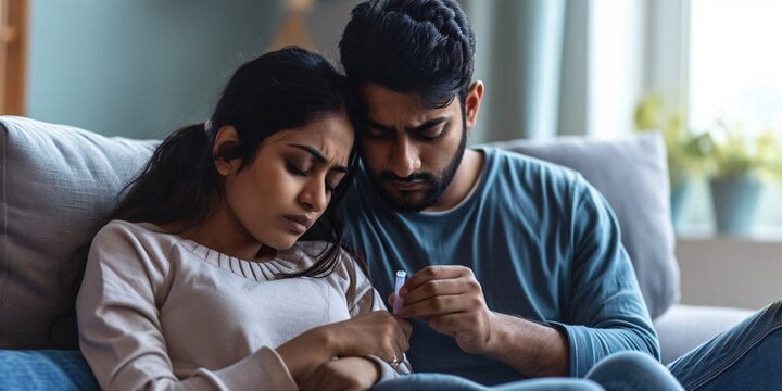 Fertility issues. Depressed South Asian couple looking at negative pregnancy test while sitting on sofa with caring spouse comforting upset partner in open area.