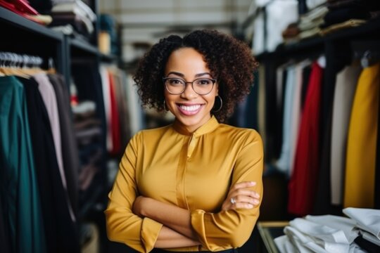 Young stylish woman working in fashion industryas designer, personal shopper, shop assistant. Small business concept