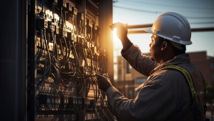 Engineer working in front of switchboard with circuit board and safety helmet - obrazy, fototapety, plakaty