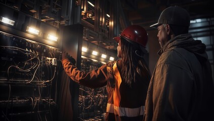 Rear view of a female engineer and a male supervisor working in a power plant