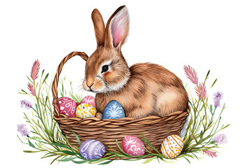 Easter and cutie rabbit surrounded by flowers watercolor paint isolated transparent background.