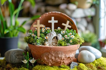 A miniature Easter Resurrection garden featuring wooden crosses, vibrant flowers, and greenery, celebrating the Christian festival of resurrection..