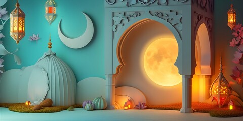ramadan kareem paper cut illustration background. islamic lantern for eid mubarak greeting banner cover card. 3d art of a mosque with a moon and stars