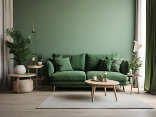 Home interior mock-up with green sofa, table and decor in living room