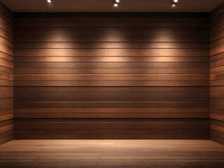 Empty dark brown plank wall room interior,decorated with hidden warm lighting