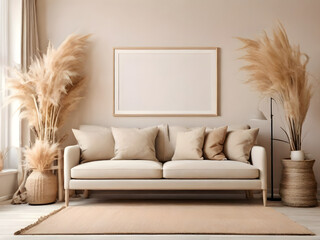 Blank horizontal poster frame mock up in scandinavian style living room interior, modern living room interior background, beige sofa and pampas grass