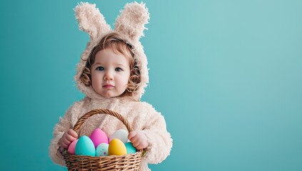 Fototapeta premium Little child in bunny costume with Easter eggs. Concept of Easter celebration.