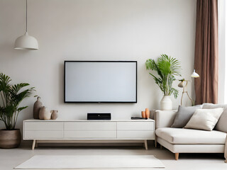 Cabinet for TV on the white plaster wall in living room with sofa and accessories decoration,minimal design
