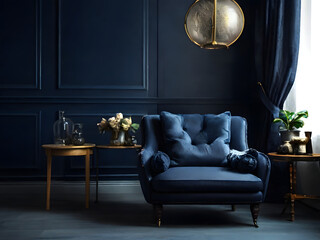 Dark blue living room interior with cozy luxury armchair