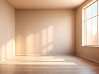 Fototapeta na wymiar Empty beige room corner with sunlight and window shadow. Realistic vector illustration of new studio apartment interior design with blank pastel walls, wooden floor and no furniture. Real estate