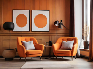 Two orange armchairs and a poster for the modern living room interior design, using wood wall panelling. A sideboard, pendant lamps, coffee tables, a window and parquet