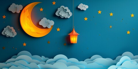 Naklejka premium ramadan kareem paper cut illustration background. islamic lantern for eid mubarak greeting banner cover card. 3d art of a mosque with a moon and stars