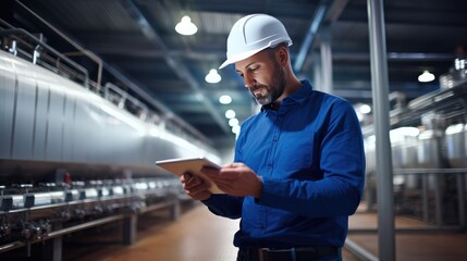 Engineer working on tablet, checking quality of bottled water production line and plant