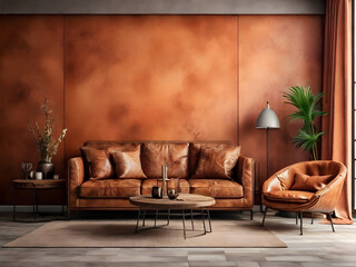 Living room wall mockup in bright tones with leather sofa and leather armchair