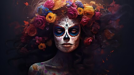 Portrait of a woman with sugar skull makeup over a dark background. 