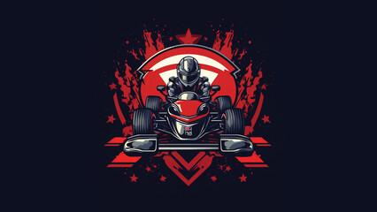 logo, go kart team called Team BoxBox, crossed pistons, chequered flag, old style