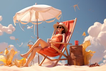 Illustration young woman resting on beach lounger and a beach umbrella provide protection from the hot sun at sea. Summer holiday concept at sea