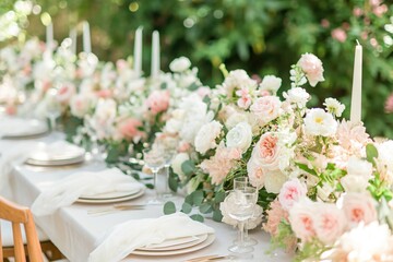 An enchanting outdoor wedding reception table graced with pastel floral centerpieces, crystal glassware, and elegant gold accents..