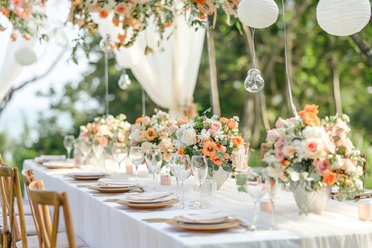 A whimsical outdoor wedding reception table adorned with a pastel floral garland, elegant drapery, and soft candlelight..