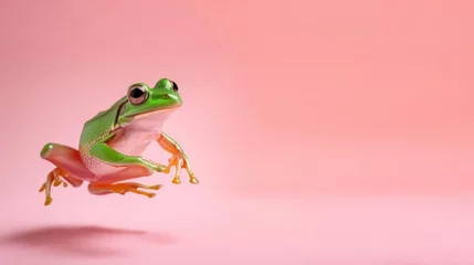 Muurstickers Green frog on the pastel background. 29 february leap year day concept © netrun78