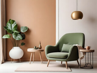 White color wall mock up in warm tones with green armchair and decoration minimal