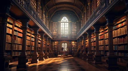Fotobehang "A captivating library scene with rows of books meticulously rendered in 8k resolution presenting a haven for readers and knowledge seekers." © Mateen