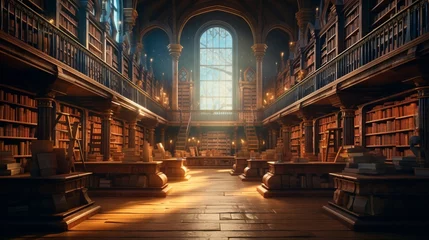 Deurstickers "A captivating library scene with rows of books meticulously rendered in 8k resolution presenting a haven for readers and knowledge seekers." © Mateen
