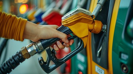 Woman's hand filling up at a gas station with premium fuel. High-resolution image. - obrazy, fototapety, plakaty