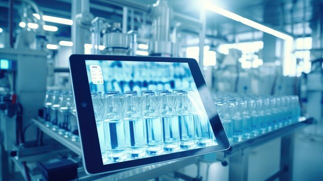 Engineer working on tablet, checking quality of bottled water production line and plant