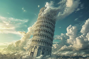 leaning tower of pisa surreal - obrazy, fototapety, plakaty