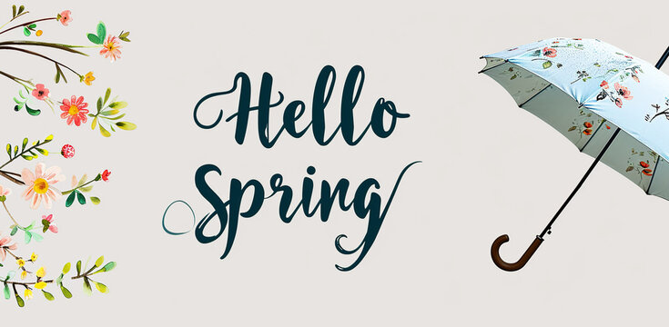 Branches with flowers and an umbrella on a background with the text "Hello Spring".
