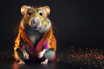Creative animal concept. Hamster in disco neon glitter glam shiny glow sequin outfit, copy text space. commercial, editorial advertisement party invitation invite, surreal surrealism	
