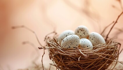Naklejka na ściany i meble Nest with speckled eggs on branches with the text 