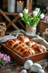 Freshly baked hot cross buns arranged on a rustic wooden board, accompanied by decorative Easter eggs and warm ambient lighting - obrazy, fototapety, plakaty