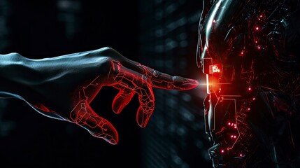 Close-up of a robotic hand with intricate glowing red circuitry, showcasing advanced artificial intelligence and robotic engineering. Generative ai
