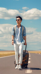 Fototapeta premium A genuine photograph captures a young man in fashionable attire, exuding style, confidence, and a blend of modern and cultural influences, creating a contemporary and captivating image.