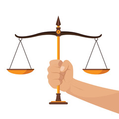 Hand holding weight scales justice isolated on white background