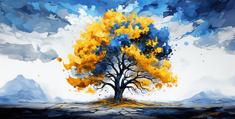 Autumn tree with yellow leaves and blue sky - 3d render, snow covered mountains