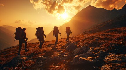 Fototapeta premium Four youthful trekkers with knapsacks are hiking in the mountains during twilight.